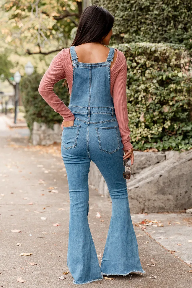 My Baby Loves Me Medium Wash Flared Overalls FINAL SALE