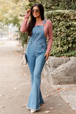 My Baby Loves Me Medium Wash Flared Overalls FINAL SALE