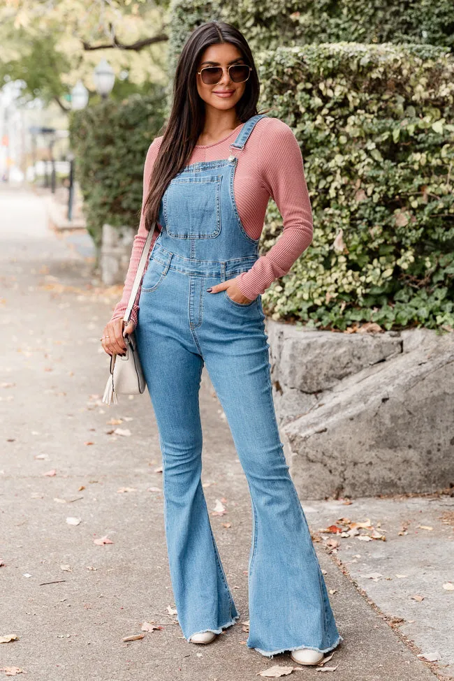 My Baby Loves Me Medium Wash Flared Overalls FINAL SALE