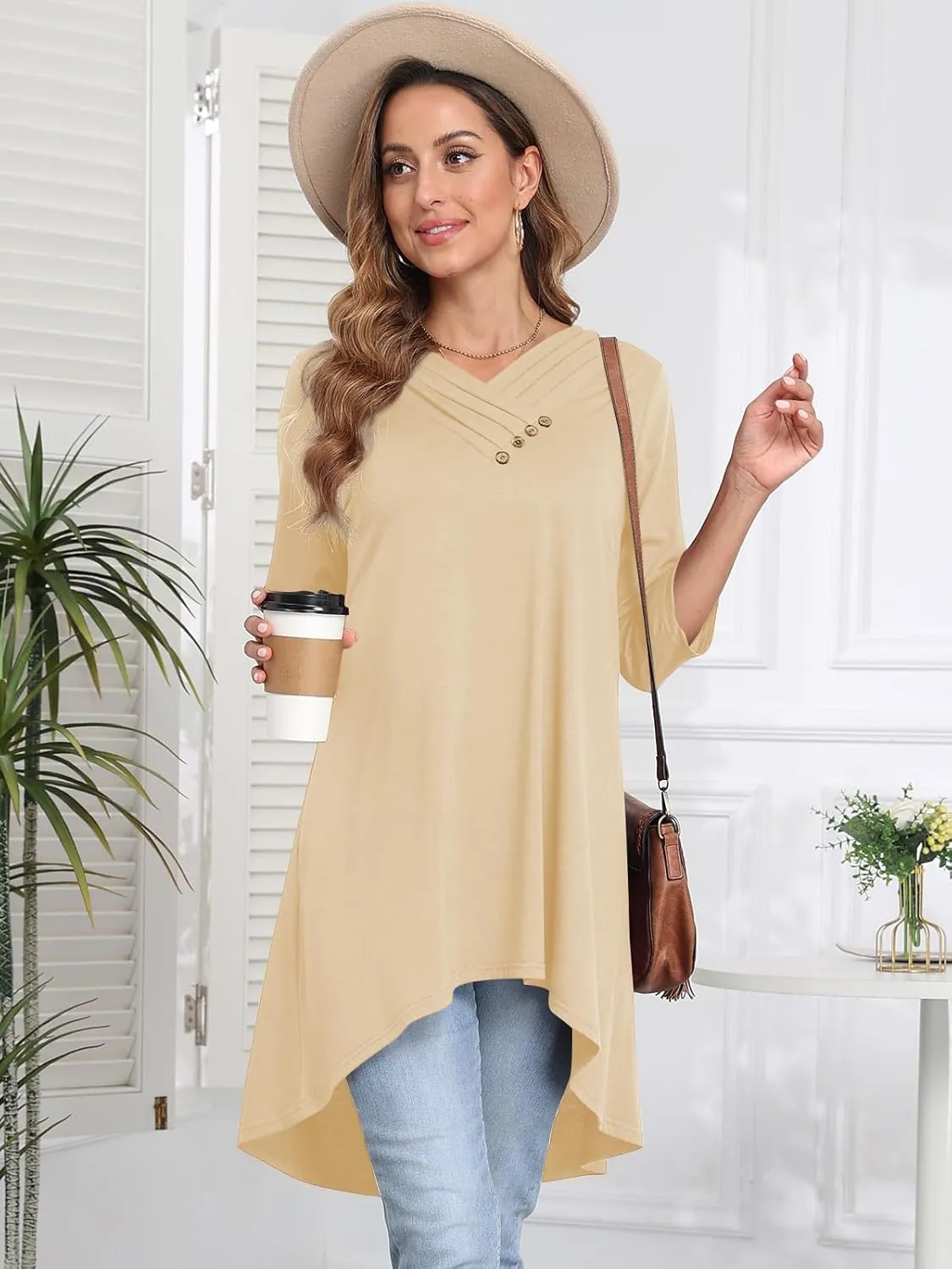 Naggoo Womens Long Shirts for Leggings 3/4 Sleeve V Neck Button Decor High Low Tops Casual Loose Fit Tunic Tops
