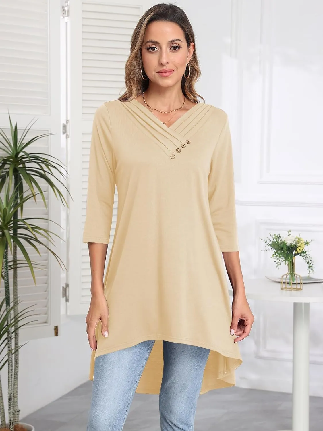 Naggoo Womens Long Shirts for Leggings 3/4 Sleeve V Neck Button Decor High Low Tops Casual Loose Fit Tunic Tops