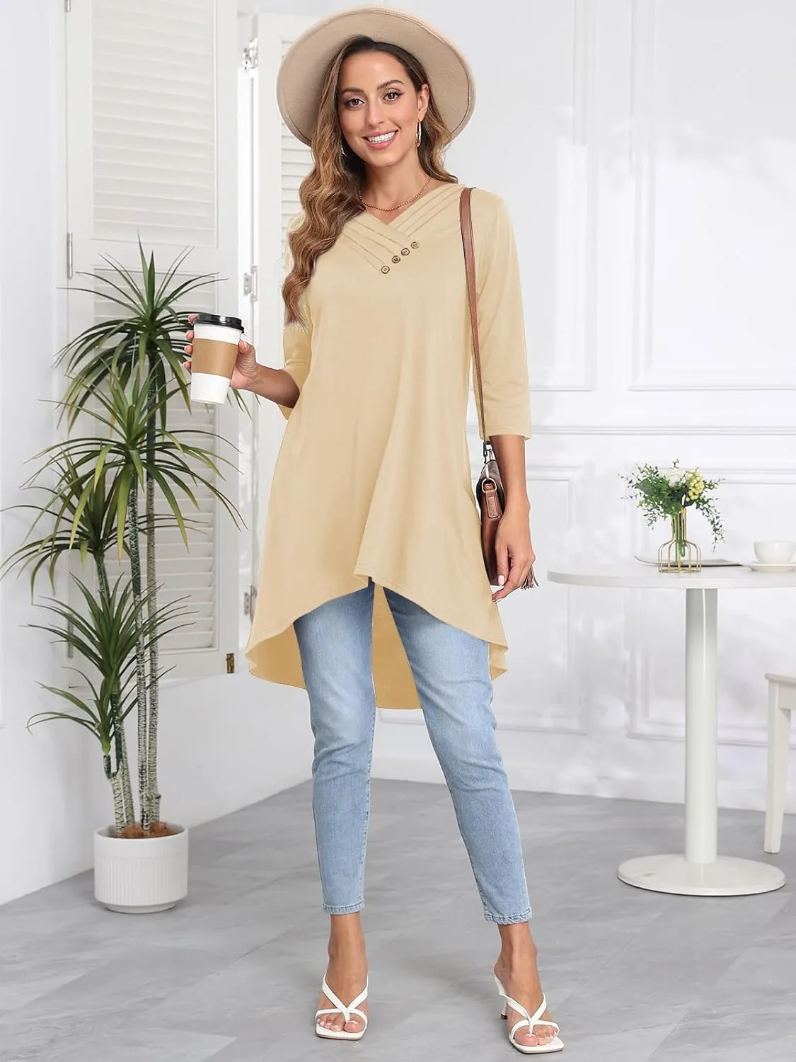 Naggoo Womens Long Shirts for Leggings 3/4 Sleeve V Neck Button Decor High Low Tops Casual Loose Fit Tunic Tops