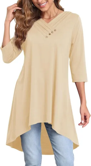 Naggoo Womens Long Shirts for Leggings 3/4 Sleeve V Neck Button Decor High Low Tops Casual Loose Fit Tunic Tops