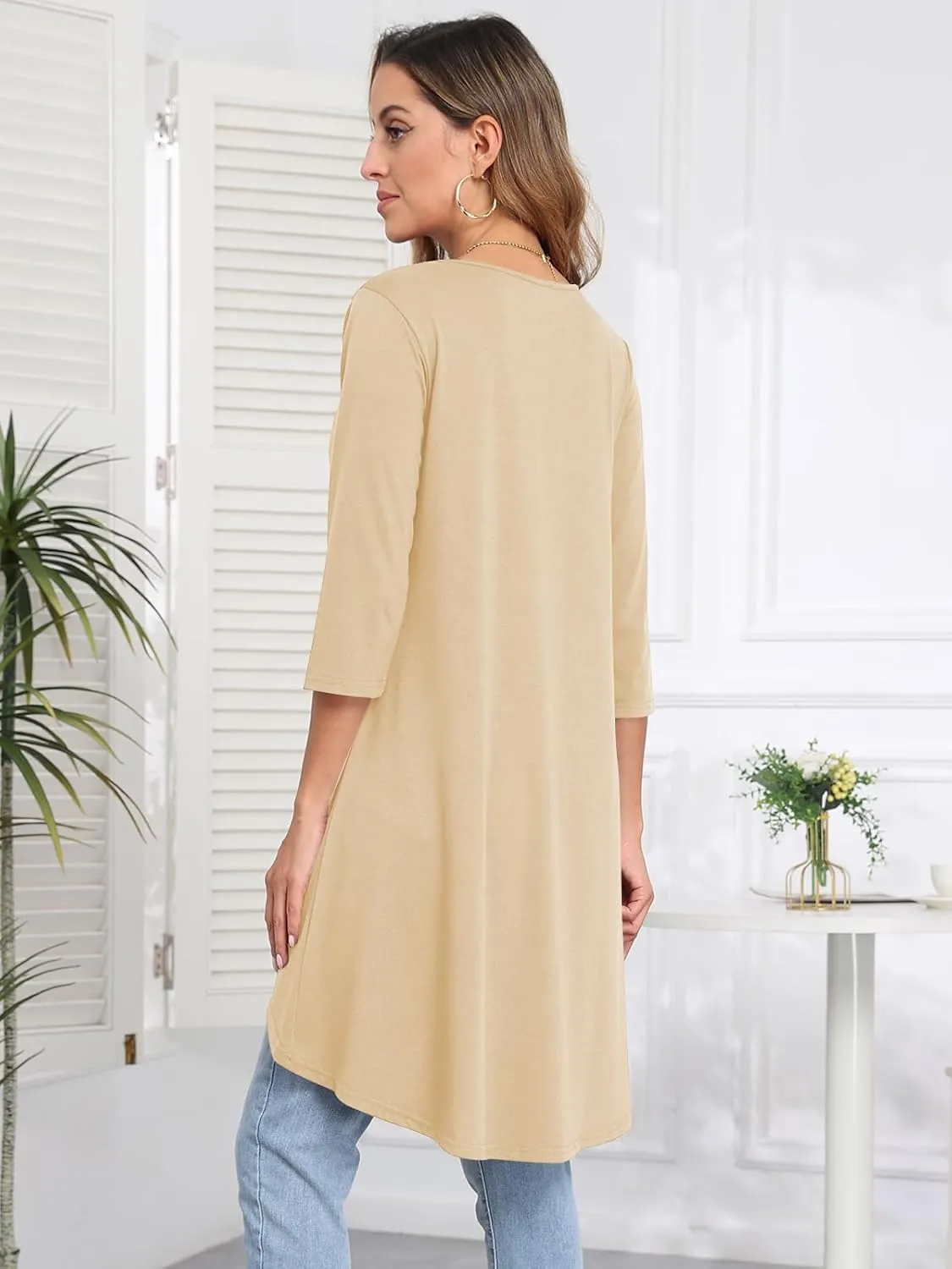 Naggoo Womens Long Shirts for Leggings 3/4 Sleeve V Neck Button Decor High Low Tops Casual Loose Fit Tunic Tops