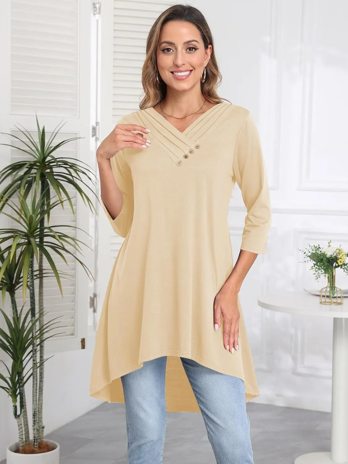 Naggoo Womens Long Shirts for Leggings 3/4 Sleeve V Neck Button Decor High Low Tops Casual Loose Fit Tunic Tops