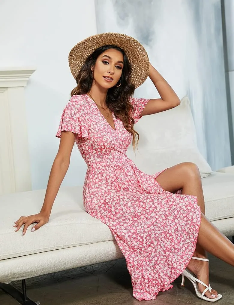 Naggoo Women's Summer Wrap Floral V Neck Ruffle Short Sleeve Beach Midi Dress