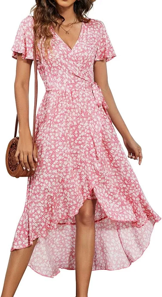 Naggoo Women's Summer Wrap Floral V Neck Ruffle Short Sleeve Beach Midi Dress