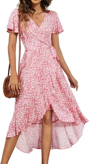 Naggoo Women's Summer Wrap Floral V Neck Ruffle Short Sleeve Beach Midi Dress