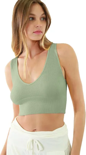 NIKIBIKI Women Seamless Plunge V-Neck Ribbed Crop Top, Made in U.S.A, One Size