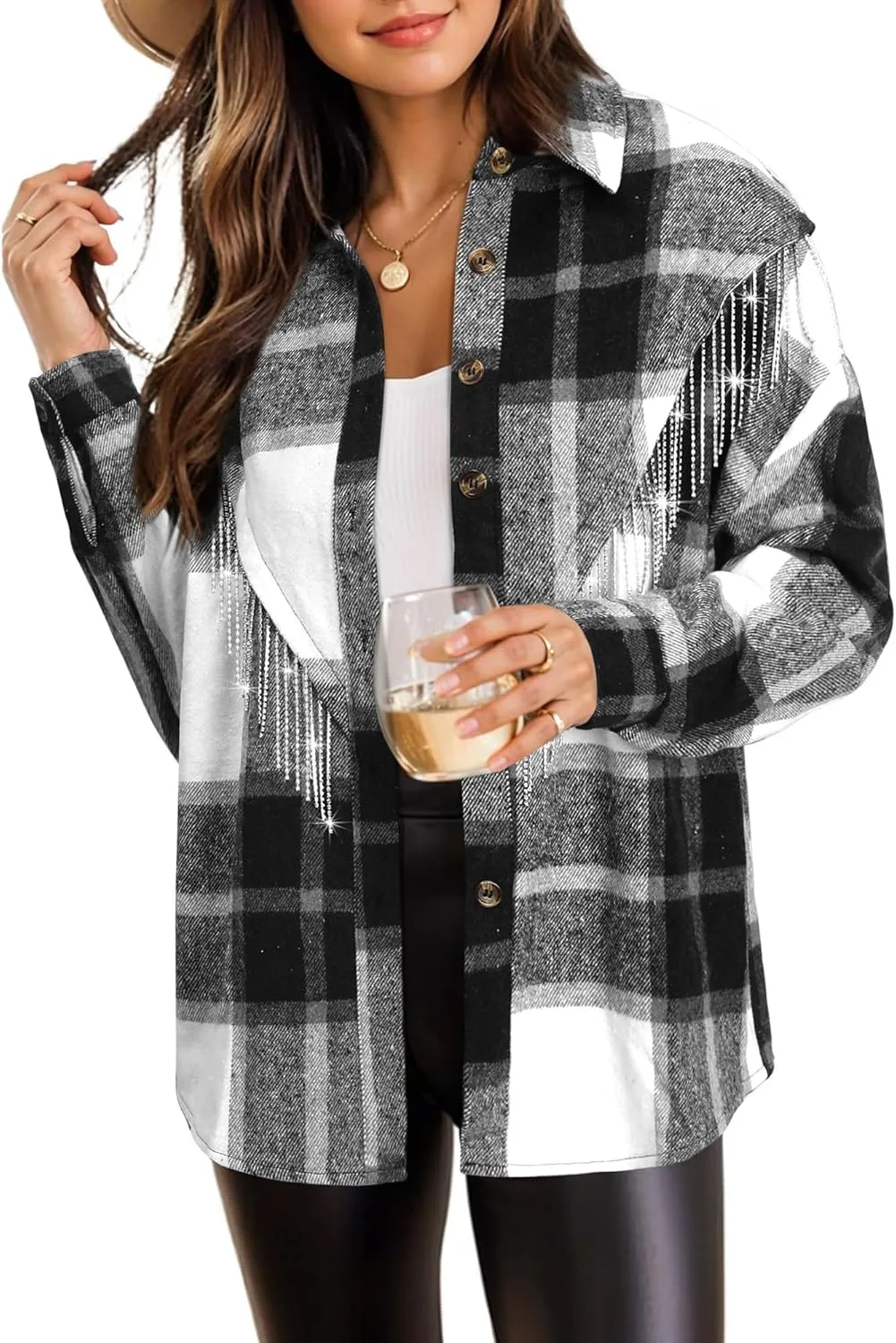Nlife Womens Corduroy Nashville Sparkly Rhinestone Fringe Shacket Concert Outfits Long Sleeves Spakle Tassel Shirt Jacket