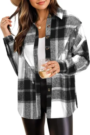 Nlife Womens Corduroy Nashville Sparkly Rhinestone Fringe Shacket Concert Outfits Long Sleeves Spakle Tassel Shirt Jacket