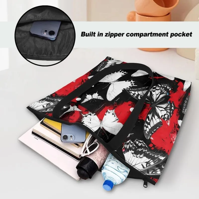 Oil Painting Border Collie Paper Tote Bag, Gothic Rose Butterfly Commute Bag, Ethnic Tribal Large Handbag for Women