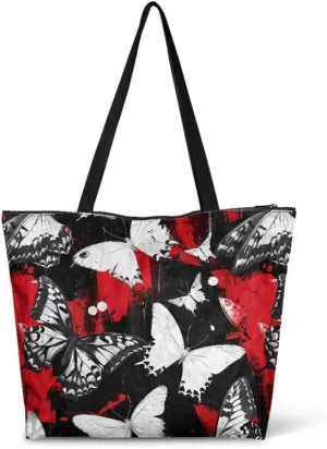 Oil Painting Border Collie Paper Tote Bag, Gothic Rose Butterfly Commute Bag, Ethnic Tribal Large Handbag for Women