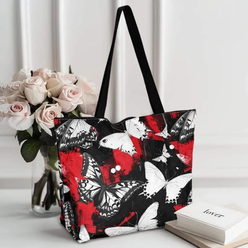 Oil Painting Border Collie Paper Tote Bag, Gothic Rose Butterfly Commute Bag, Ethnic Tribal Large Handbag for Women