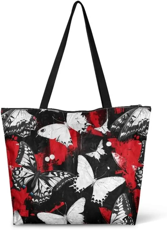 Oil Painting Border Collie Paper Tote Bag, Gothic Rose Butterfly Commute Bag, Ethnic Tribal Large Handbag for Women