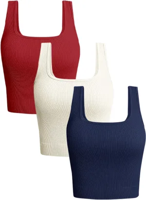 OLCHEE Womens 3 Pack Crop Tank Tops Basic Seamless Ribbed Sleeveless Square Neck Workout Top Summer Exercise Yoga Gym Shirts