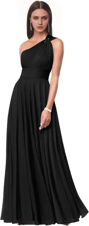 One Shoulder Bridesmaid Dresses for Women Chiffon A Line Pleated Long Formal Wedding Guest Dress
