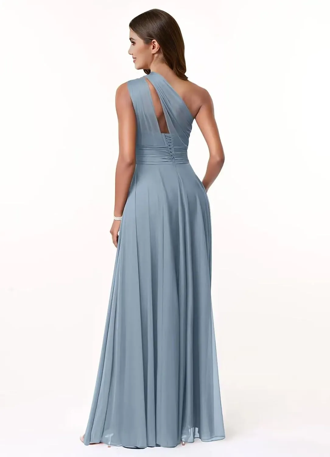 One Shoulder Bridesmaid Dresses for Women Chiffon A Line Pleated Long Formal Wedding Guest Dress