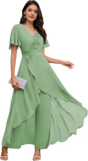 Pant Suits for Women Dressy Short Sleeve Wedding Pantsuits for Grandmothers Sage Lace Applique Womens Pant Suits 12