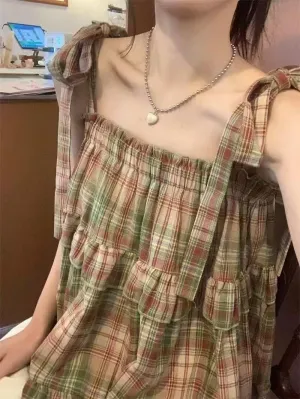 Pbkabiug Women's Camisole Tank Tops Red Plaid Camisoles Women Vintage Ruffles Cute Girlish Cropped Tops Holiday Streetwear