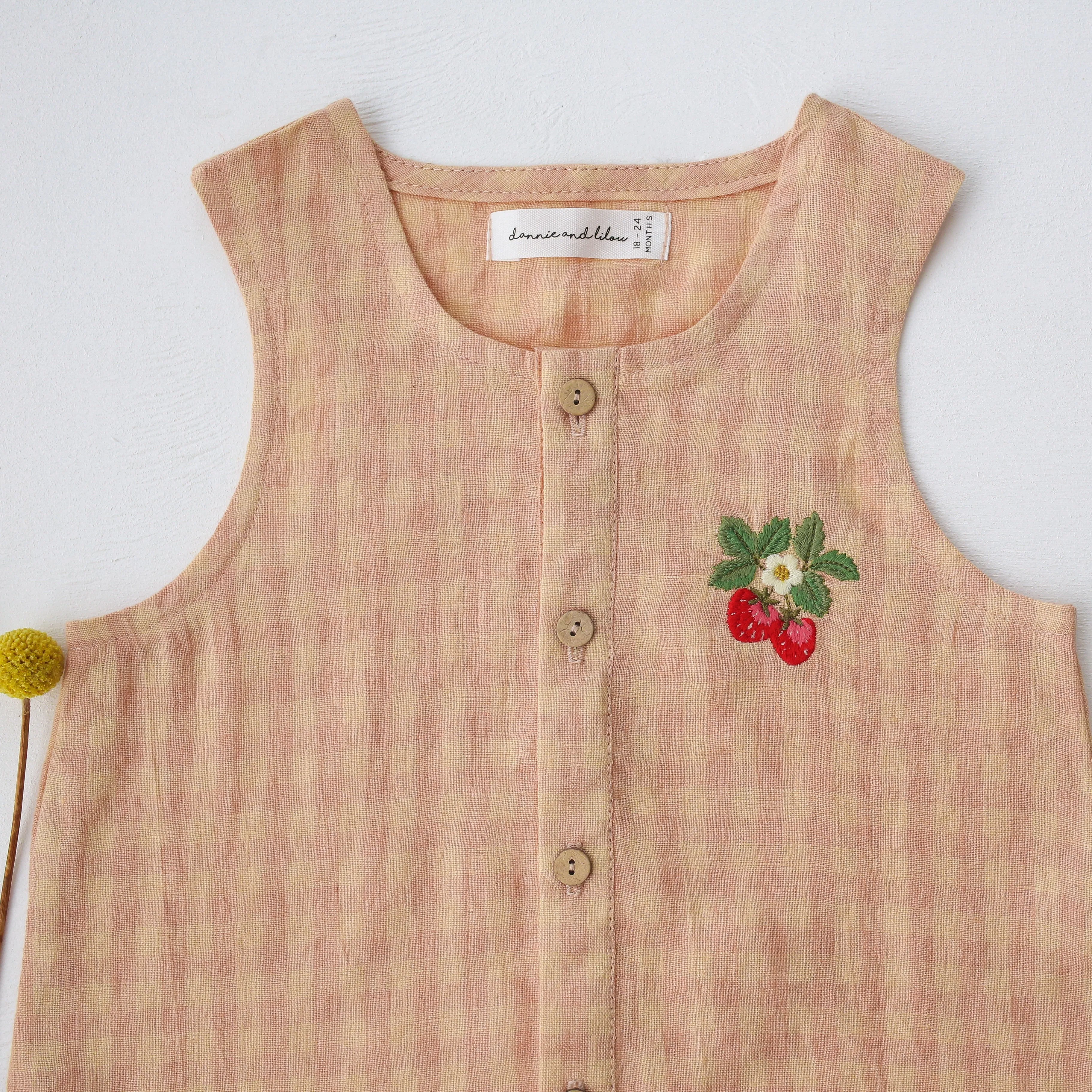 Peach & Pink Gingham Linen Short Legs Tank Jumpsuit with Strawberry Embroidery