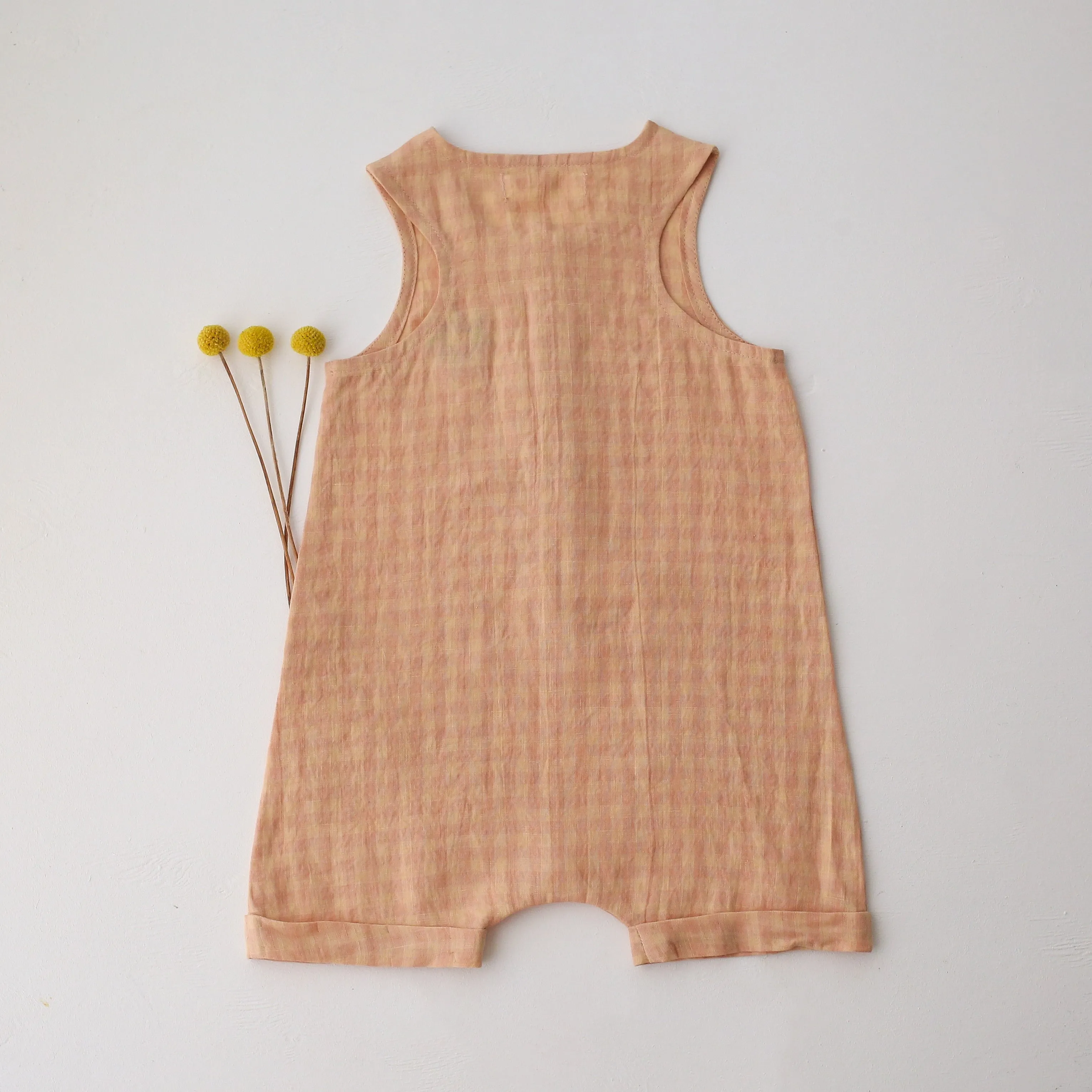 Peach & Pink Gingham Linen Short Legs Tank Jumpsuit with Strawberry Embroidery