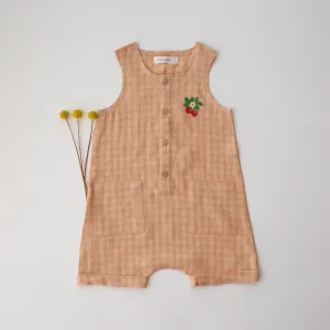 Peach & Pink Gingham Linen Short Legs Tank Jumpsuit with Strawberry Embroidery