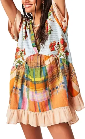 Perbai Women's Boho Summer Dresses Casual Deep V Neck Short Sleeve Mini Beach Dress Floral Ruffle Flowy Short Sundress