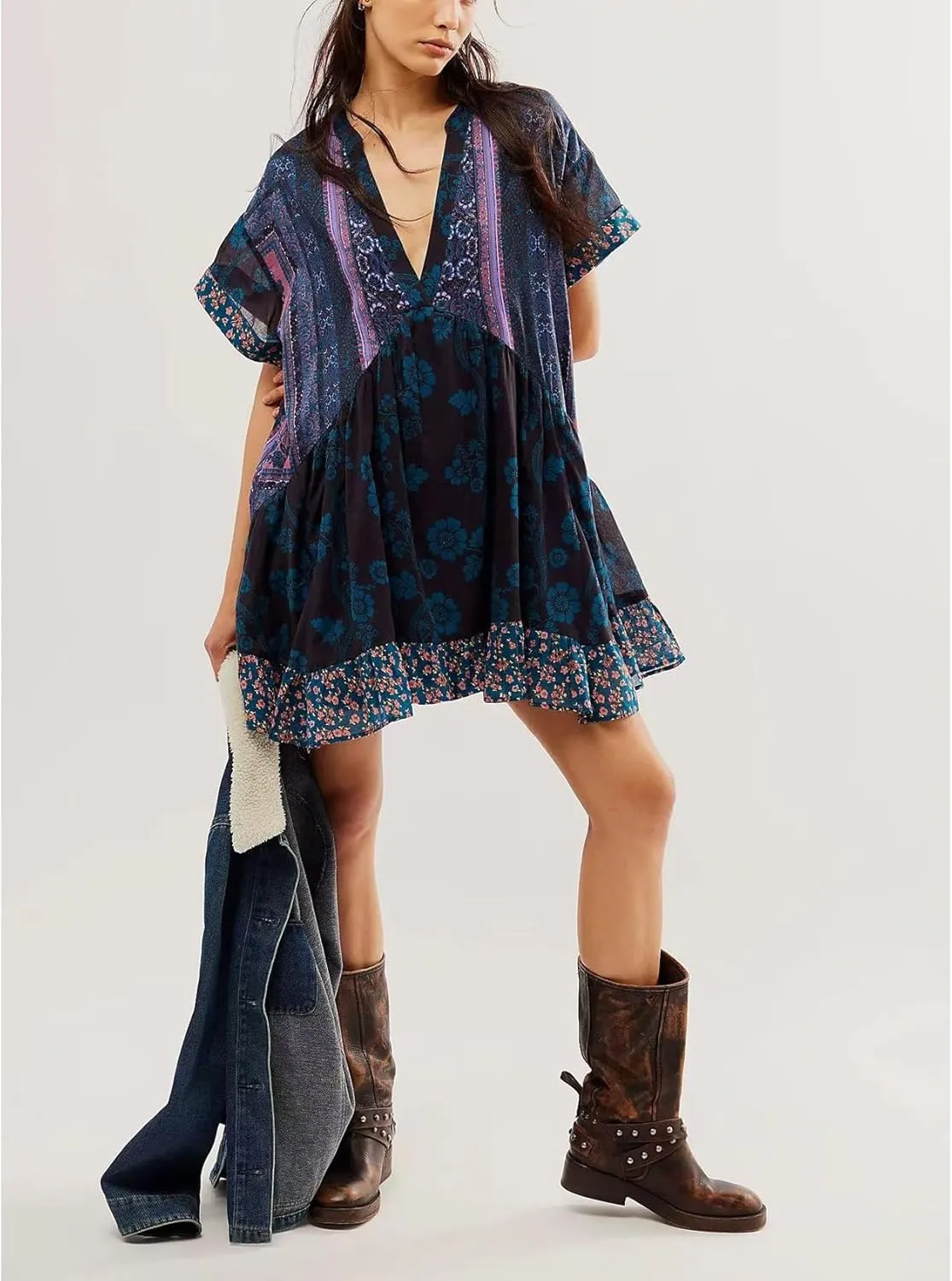 Perbai Women's Boho Summer Dresses Casual Deep V Neck Short Sleeve Mini Beach Dress Floral Ruffle Flowy Short Sundress