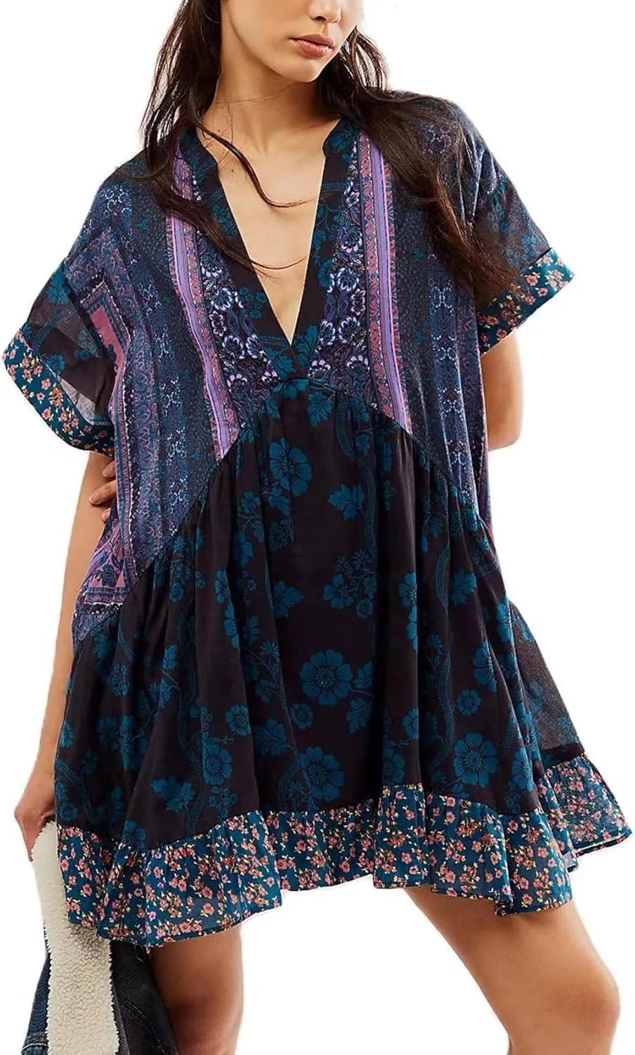 Perbai Women's Boho Summer Dresses Casual Deep V Neck Short Sleeve Mini Beach Dress Floral Ruffle Flowy Short Sundress