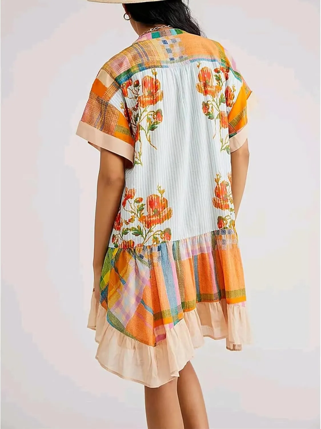 Perbai Women's Boho Summer Dresses Casual Deep V Neck Short Sleeve Mini Beach Dress Floral Ruffle Flowy Short Sundress