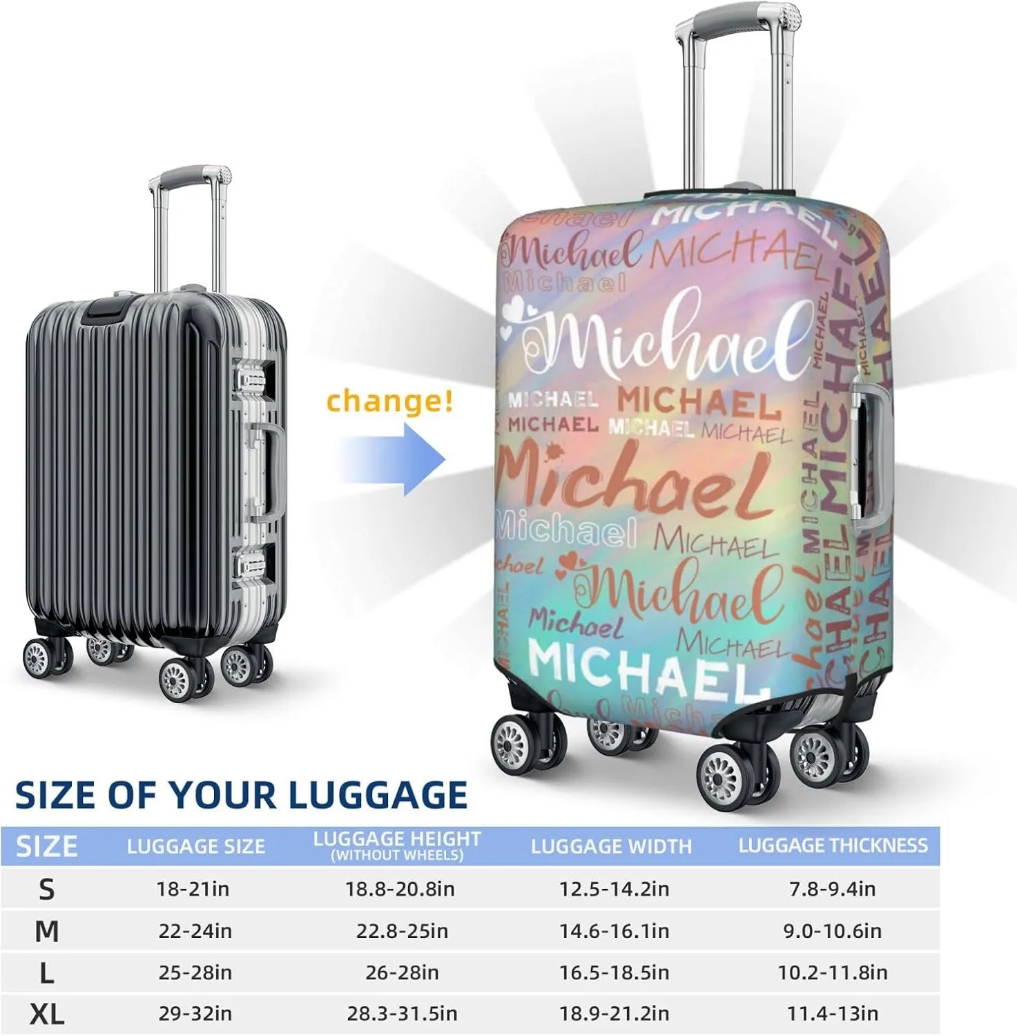 Personalized Name Luggage Cover, Custom Travel Carry on Cover Protector Wrap Gift for Men Women, Waterproof Stretchable Suitcase Protector for Travel Business Couples Family, S Size Fits 18-21 In