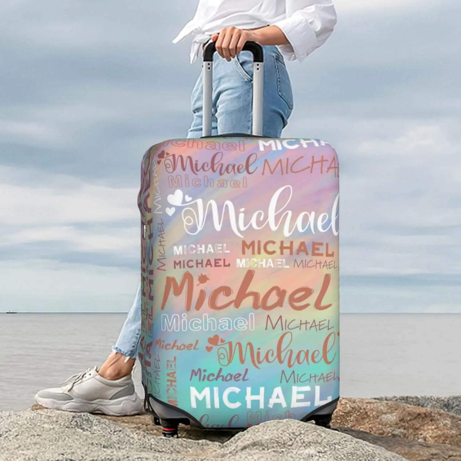 Personalized Name Luggage Cover, Custom Travel Carry on Cover Protector Wrap Gift for Men Women, Waterproof Stretchable Suitcase Protector for Travel Business Couples Family, S Size Fits 18-21 In