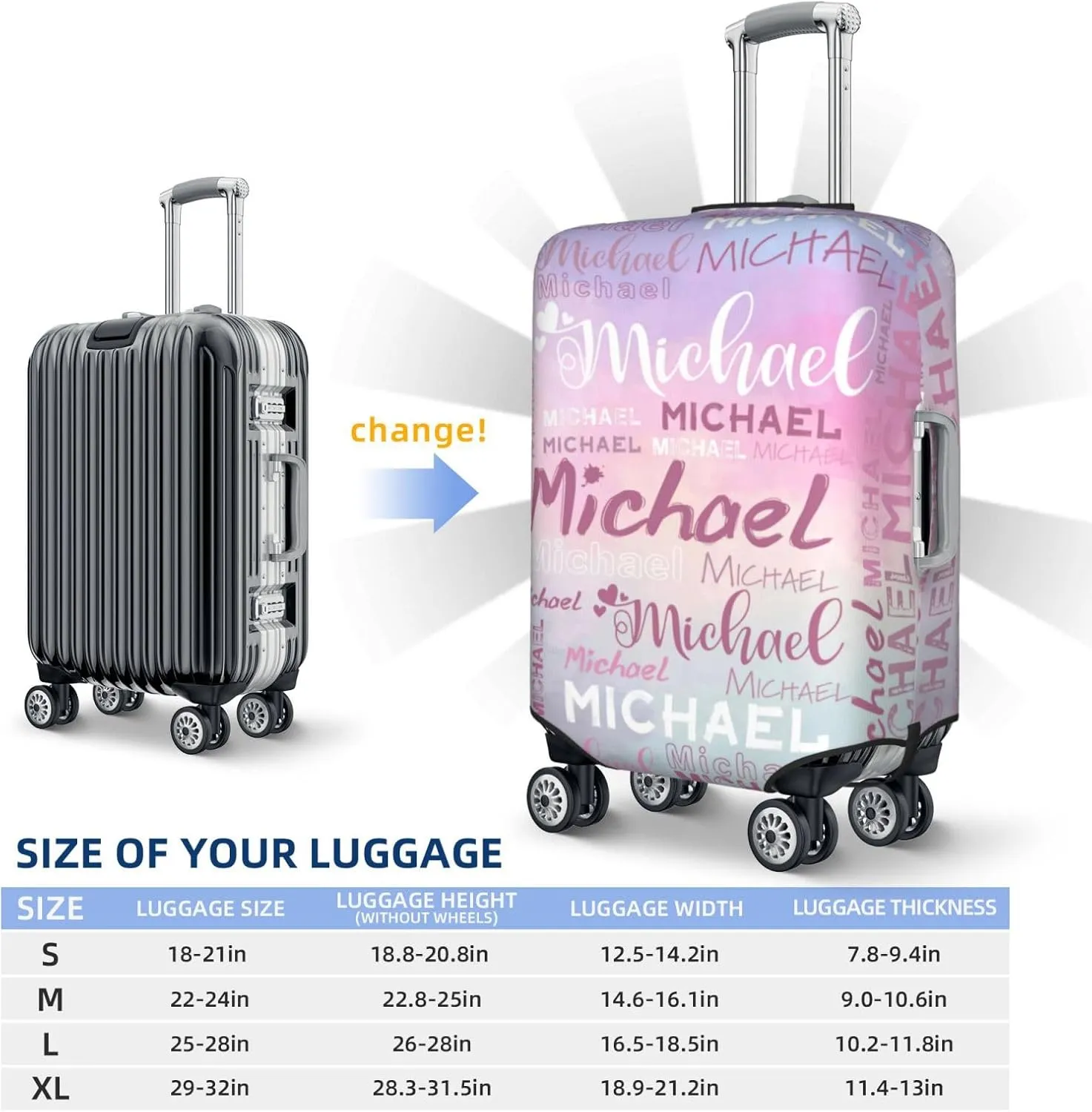 Personalized Name Luggage Cover, Custom Travel Carry on Cover Protector Wrap Gift for Men Women, Waterproof Stretchable Suitcase Protector for Travel Business Couples Family, S Size Fits 18-21 In