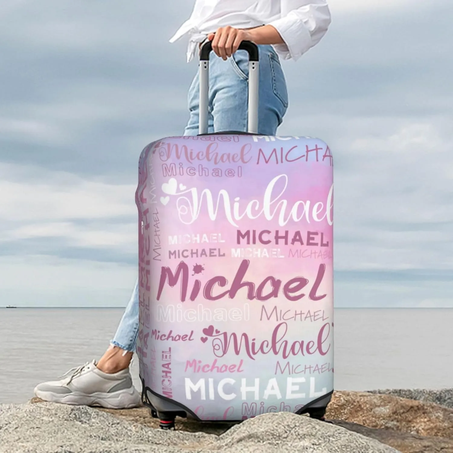 Personalized Name Luggage Cover, Custom Travel Carry on Cover Protector Wrap Gift for Men Women, Waterproof Stretchable Suitcase Protector for Travel Business Couples Family, S Size Fits 18-21 In