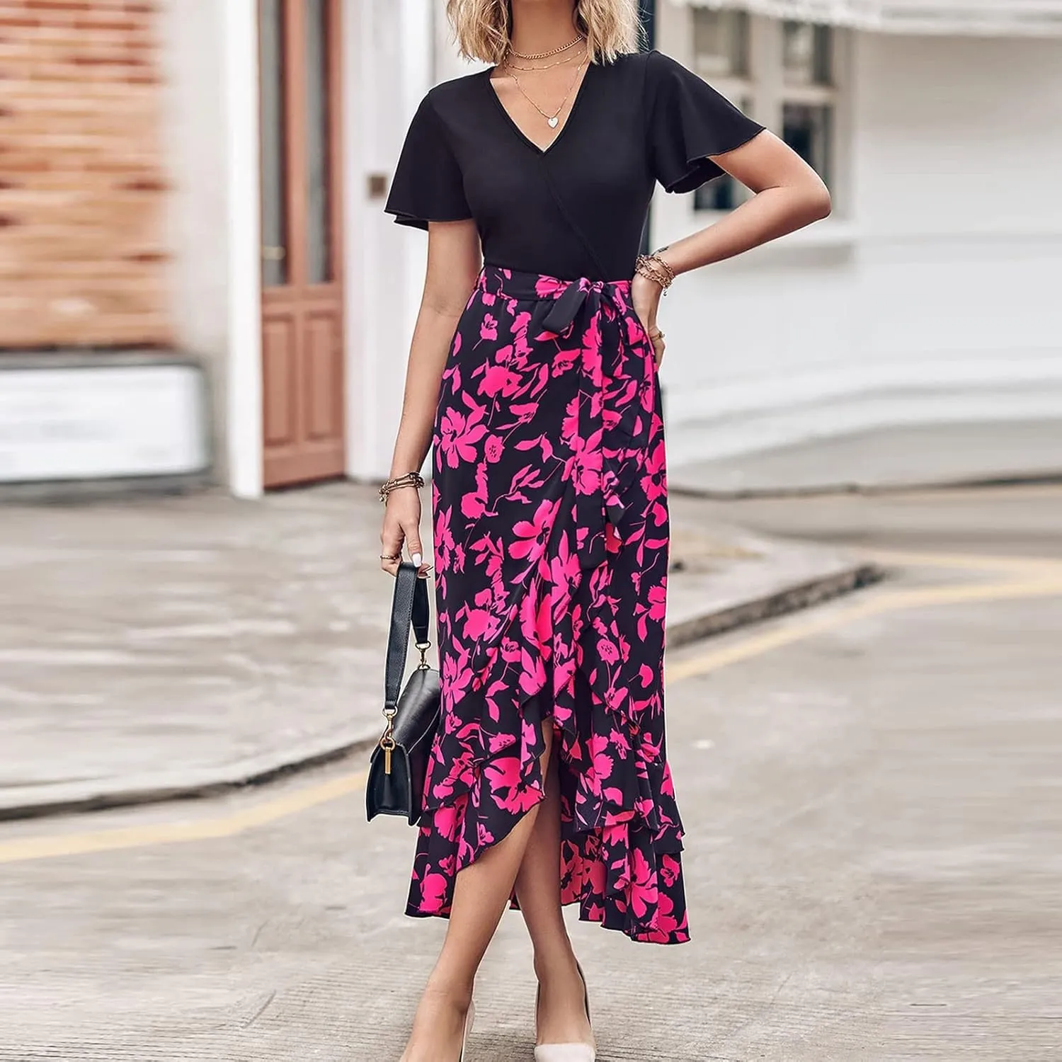 PETYCZEN Summer Dresses for Women 2023 Sexy Short Sleeve Side Slit Midi Dress Boho Floral Patchwork Ruffle Beach Party Dress