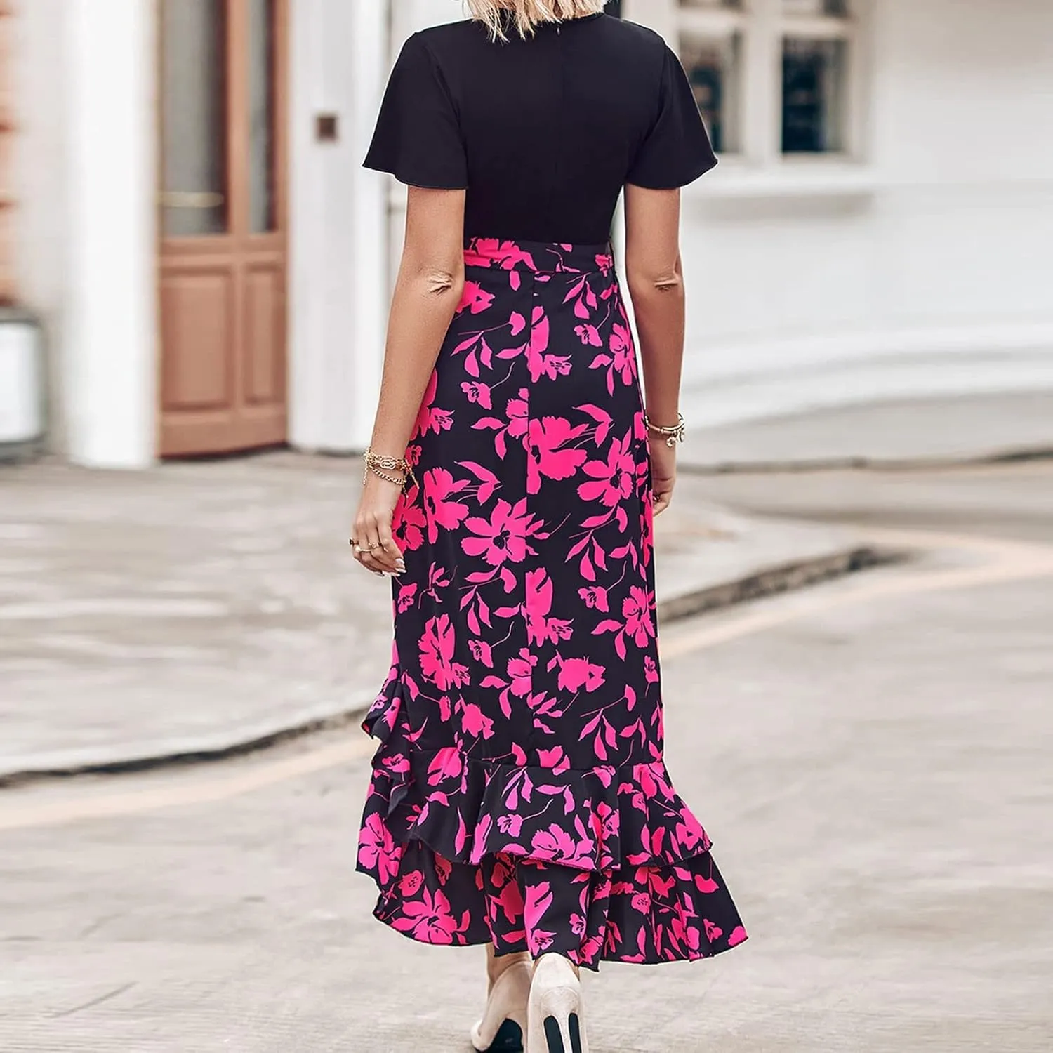 PETYCZEN Summer Dresses for Women 2023 Sexy Short Sleeve Side Slit Midi Dress Boho Floral Patchwork Ruffle Beach Party Dress