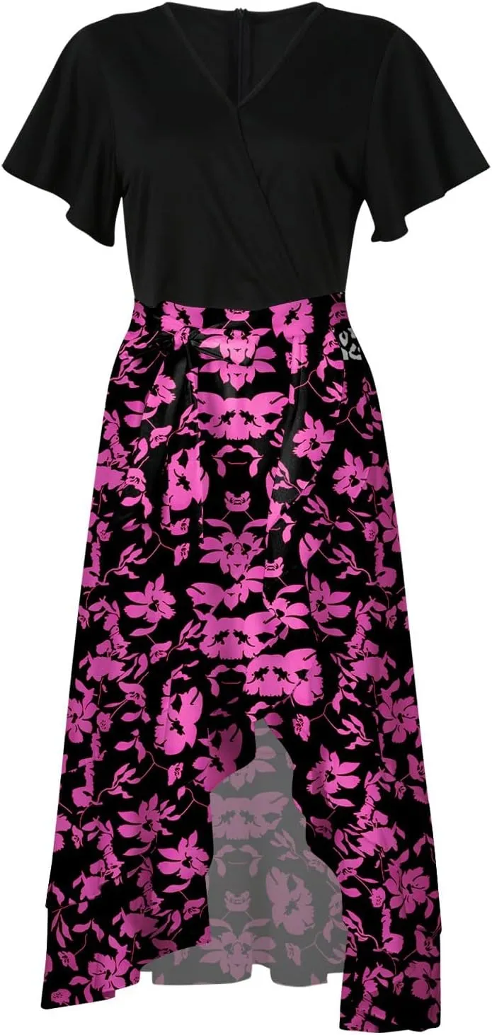 PETYCZEN Summer Dresses for Women 2023 Sexy Short Sleeve Side Slit Midi Dress Boho Floral Patchwork Ruffle Beach Party Dress