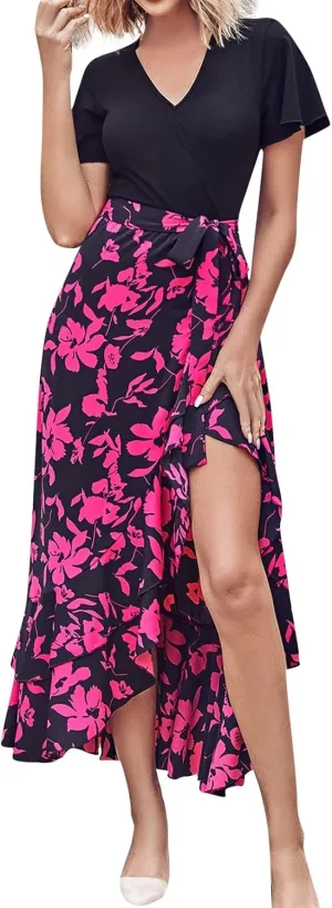 PETYCZEN Summer Dresses for Women 2023 Sexy Short Sleeve Side Slit Midi Dress Boho Floral Patchwork Ruffle Beach Party Dress