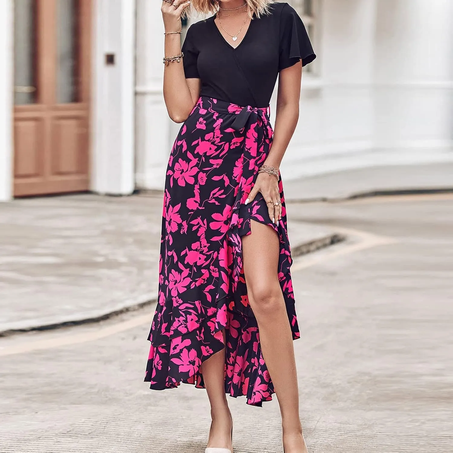 PETYCZEN Summer Dresses for Women 2023 Sexy Short Sleeve Side Slit Midi Dress Boho Floral Patchwork Ruffle Beach Party Dress