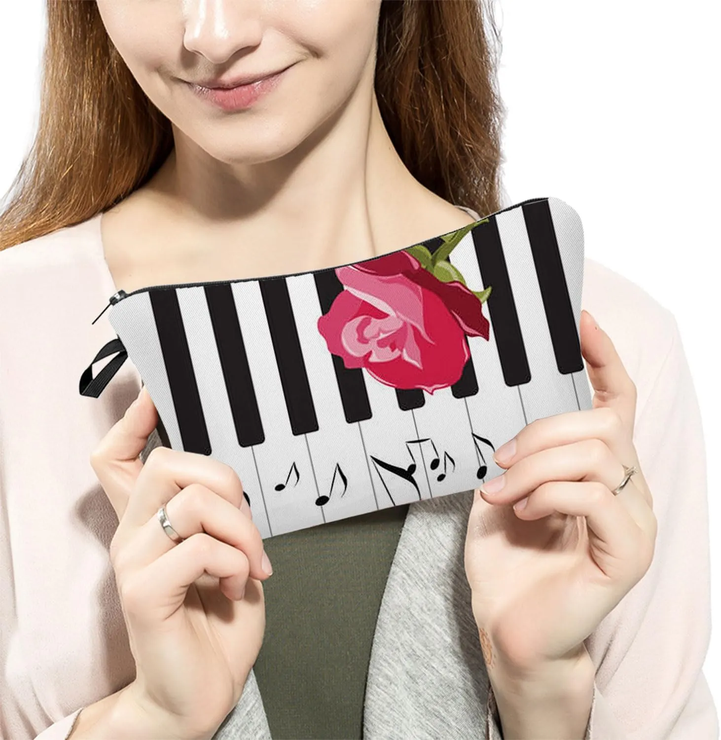 Piano Print Makeup Bag - Cute Travel Toiletry Zipper Pouch for Girls, Women, Pianists, and Music Lovers - Cosmetic Bag Gift