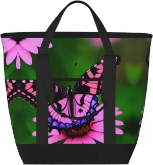 Pink flower purple butterfly Women's tote bags and reusable women's beach bags are suitable for travel insulation and cooling bags.