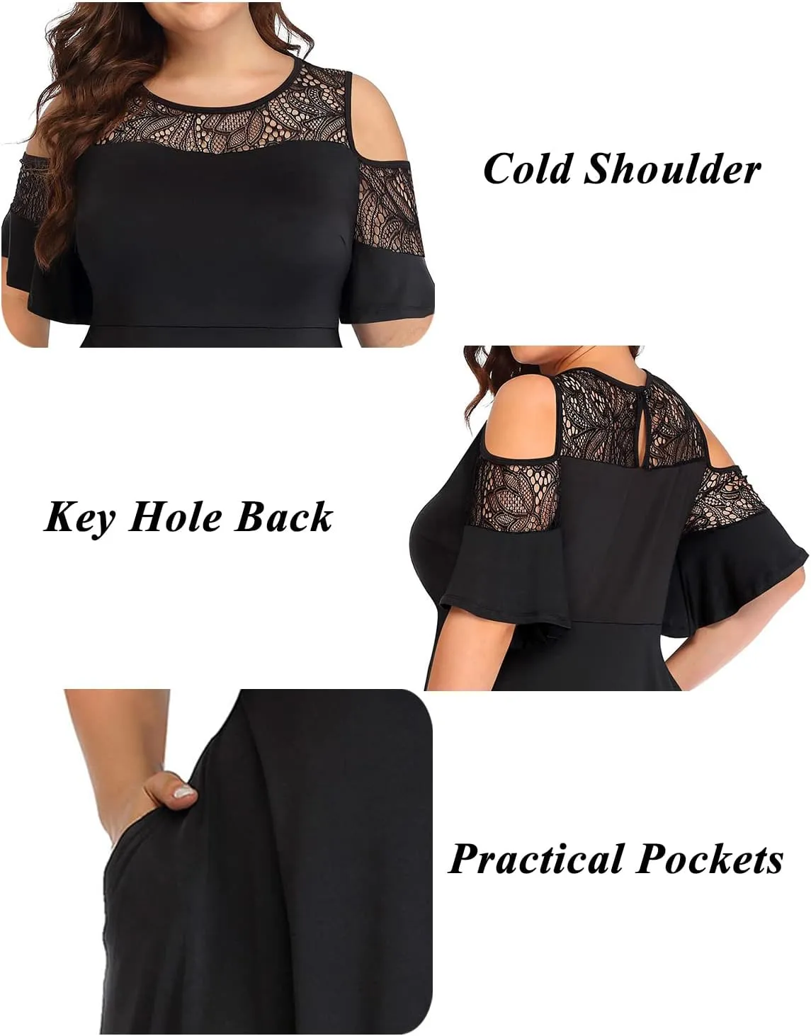 Plus Size Cocktail Dress - Graduation Cold Shoulder Lace Midi Dresses with Pockets