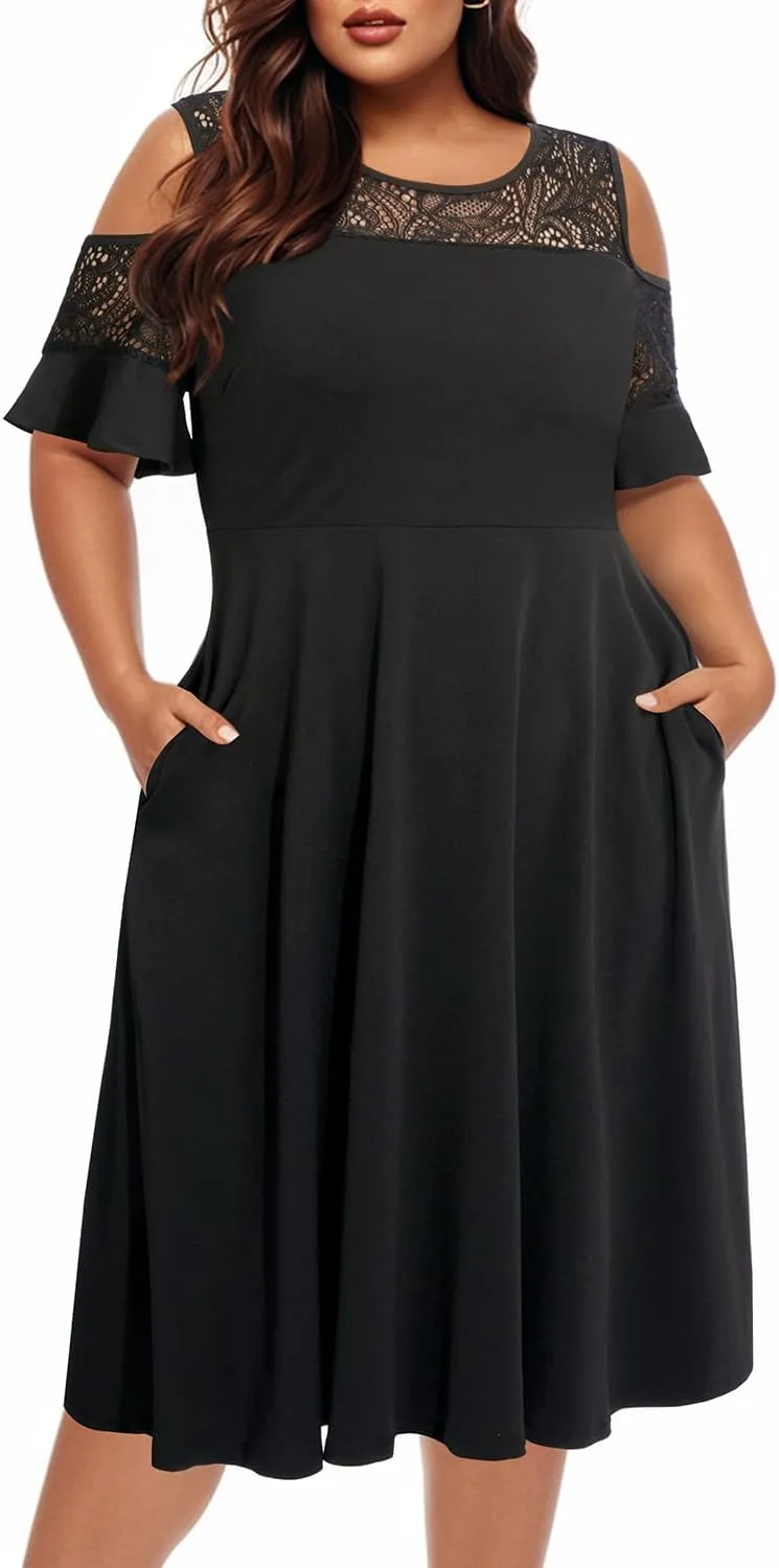 Plus Size Cocktail Dress - Graduation Cold Shoulder Lace Midi Dresses with Pockets
