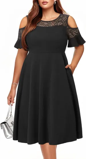Plus Size Cocktail Dress - Graduation Cold Shoulder Lace Midi Dresses with Pockets