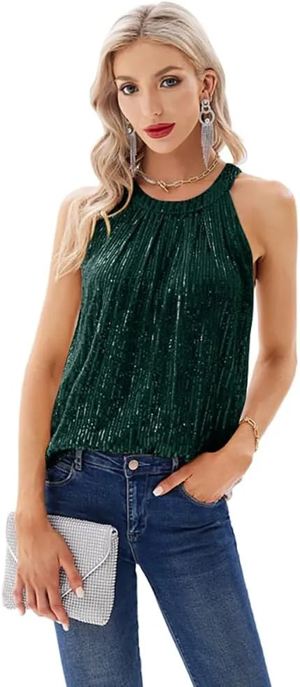 Pluto & Fox Womens Sequin Halter Tops Sleeveless Tank Camisole Tops Sparkly Glitter Holiday Party Club Cocktail Vest Shirt