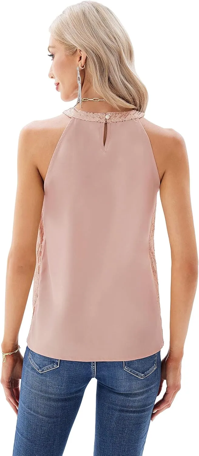 Pluto & Fox Womens Sequin Halter Tops Sleeveless Tank Camisole Tops Sparkly Glitter Holiday Party Club Cocktail Vest Shirt