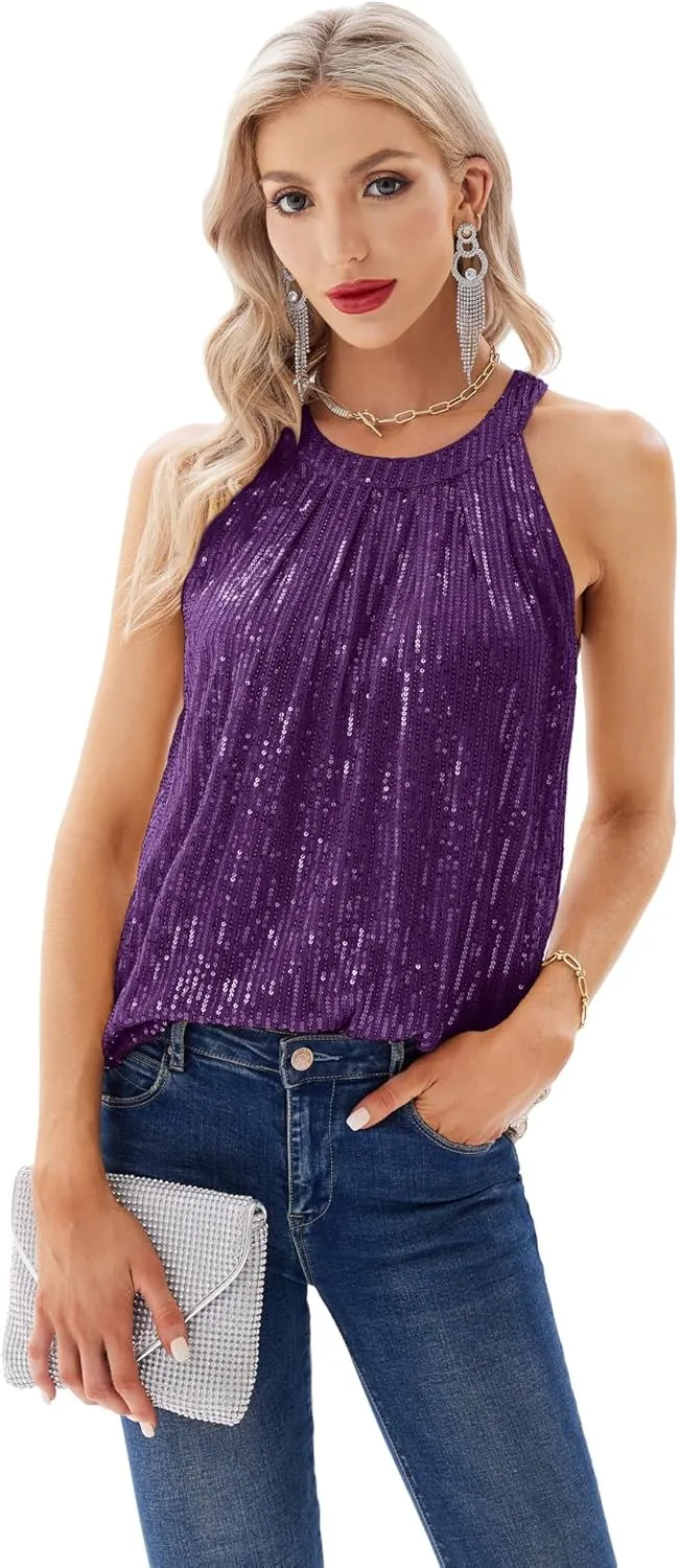 Pluto & Fox Womens Sequin Halter Tops Sleeveless Tank Camisole Tops Sparkly Glitter Holiday Party Club Cocktail Vest Shirt