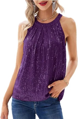 Pluto & Fox Womens Sequin Halter Tops Sleeveless Tank Camisole Tops Sparkly Glitter Holiday Party Club Cocktail Vest Shirt