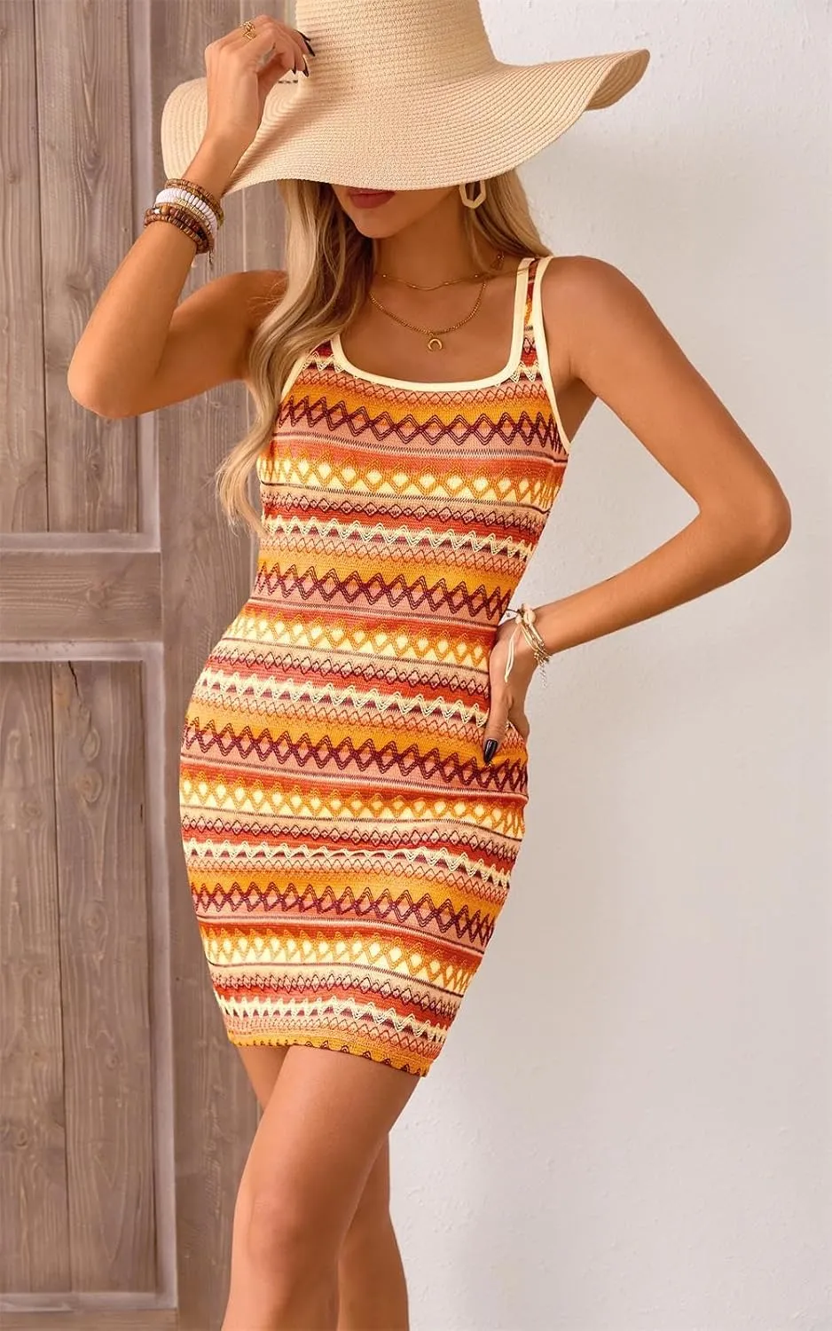 PRETTYGARDEN Womens 2025 Summer Mini Dresses Square Neck Sleeveless Tank Bodycon Striped Boho Sundress Beach Vacation Clothes